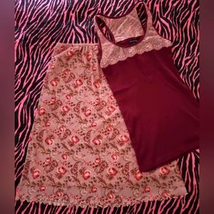 Y2k Fit Vintage Pink Floral Mesh Skirt Stretch Cami Tank Top Sz M Early 2000s